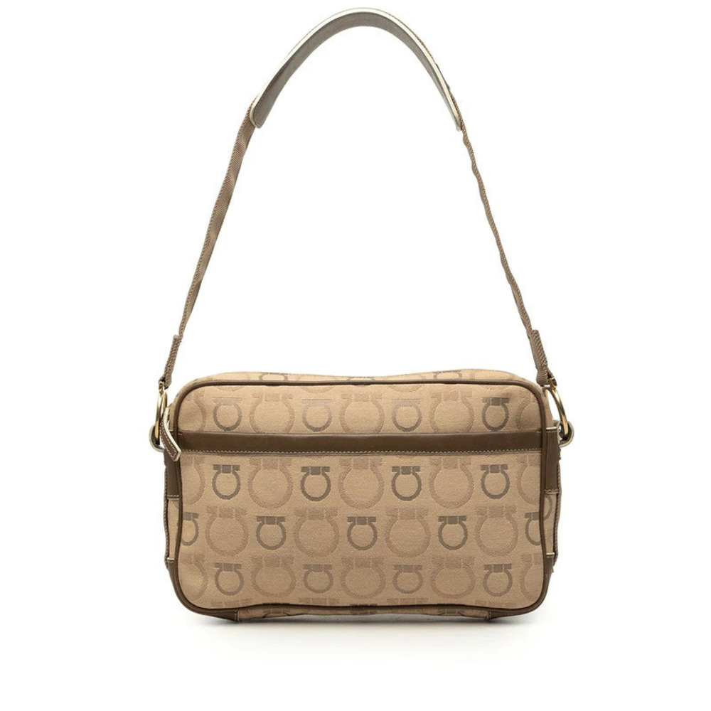 Salvatore Ferragamo Gancini Hobo Shoulder Bag Canvas Leather Beige Brown